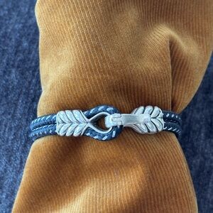 David Yurman Blue and Silver Braided Leather Bracelet with Leaf Clasp